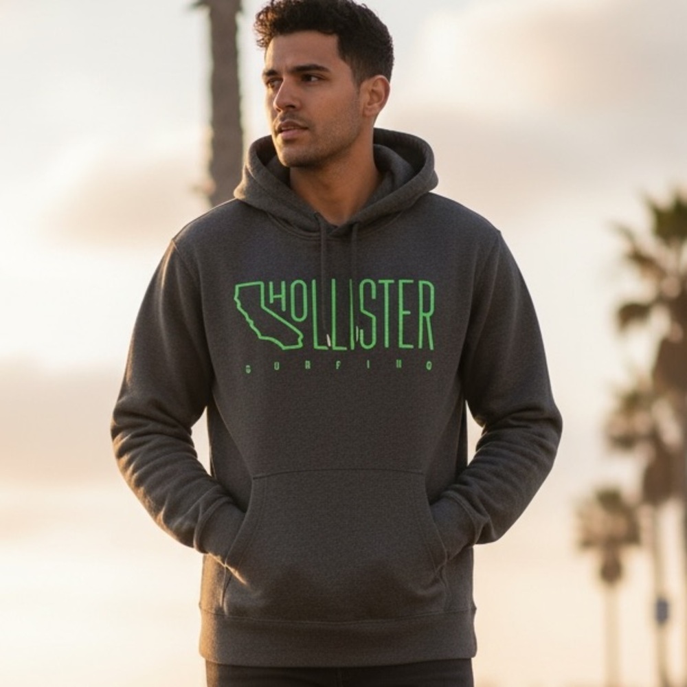 Hollister Men's Charcoal Hoodie with Green Logo